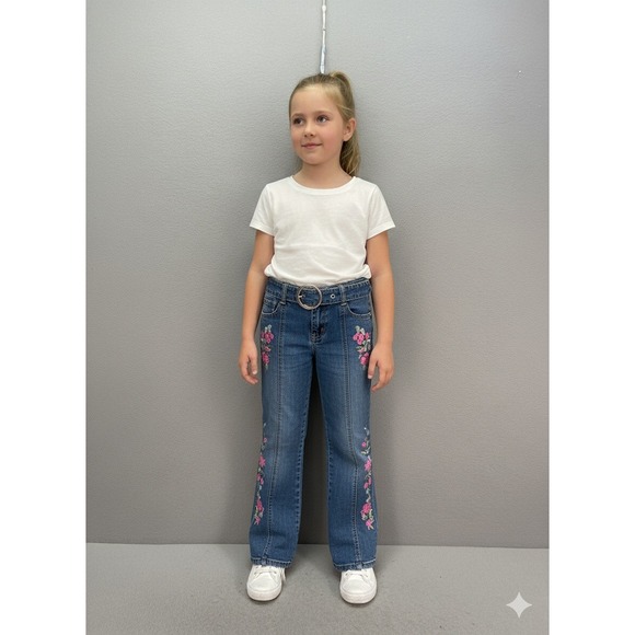 Bongo Girls Let Me B Denim Jeans Sz 8 Blue Floral Embroidered Belted Y2K Bootcut - Picture 1 of 11